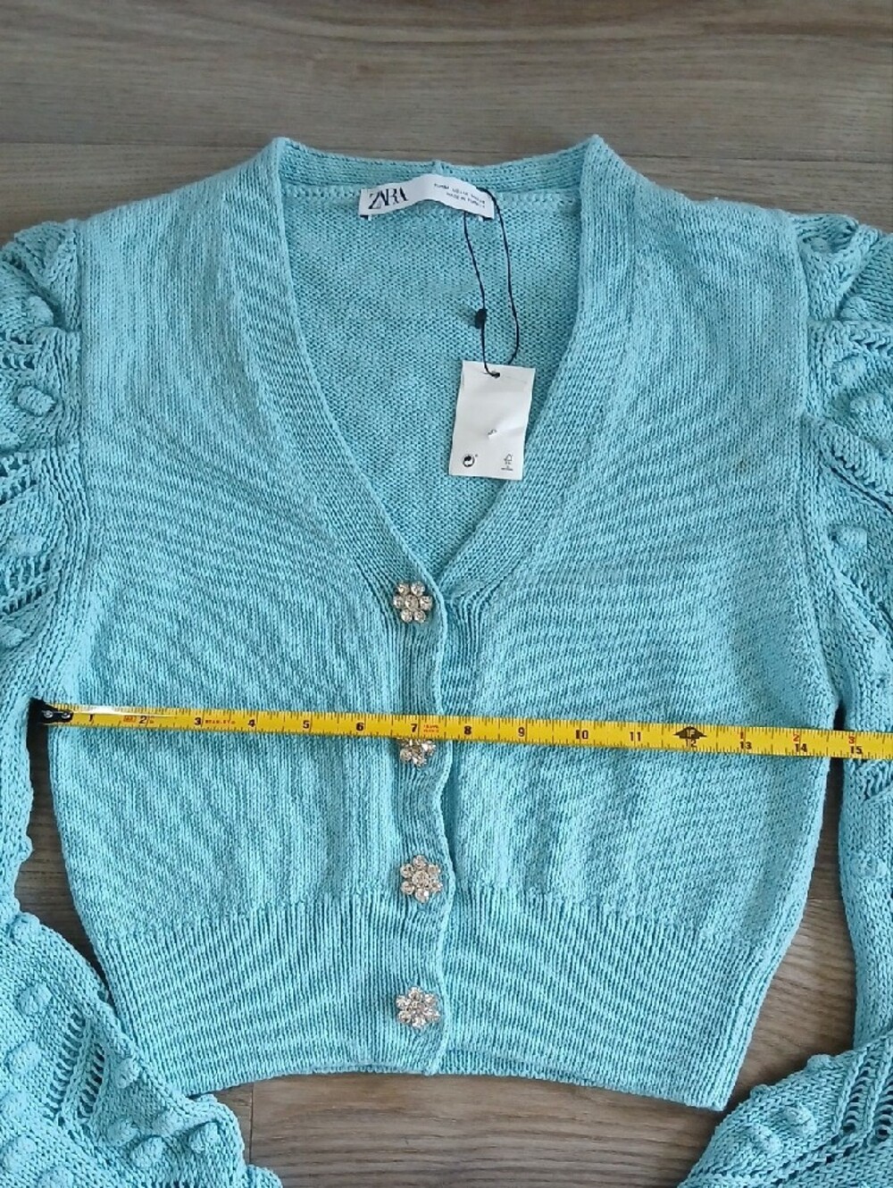 Zara Blue Jewel Button Cardigan Medium Textured Puff Sleeve Knit Sweater NWT - Picture 4 of 6